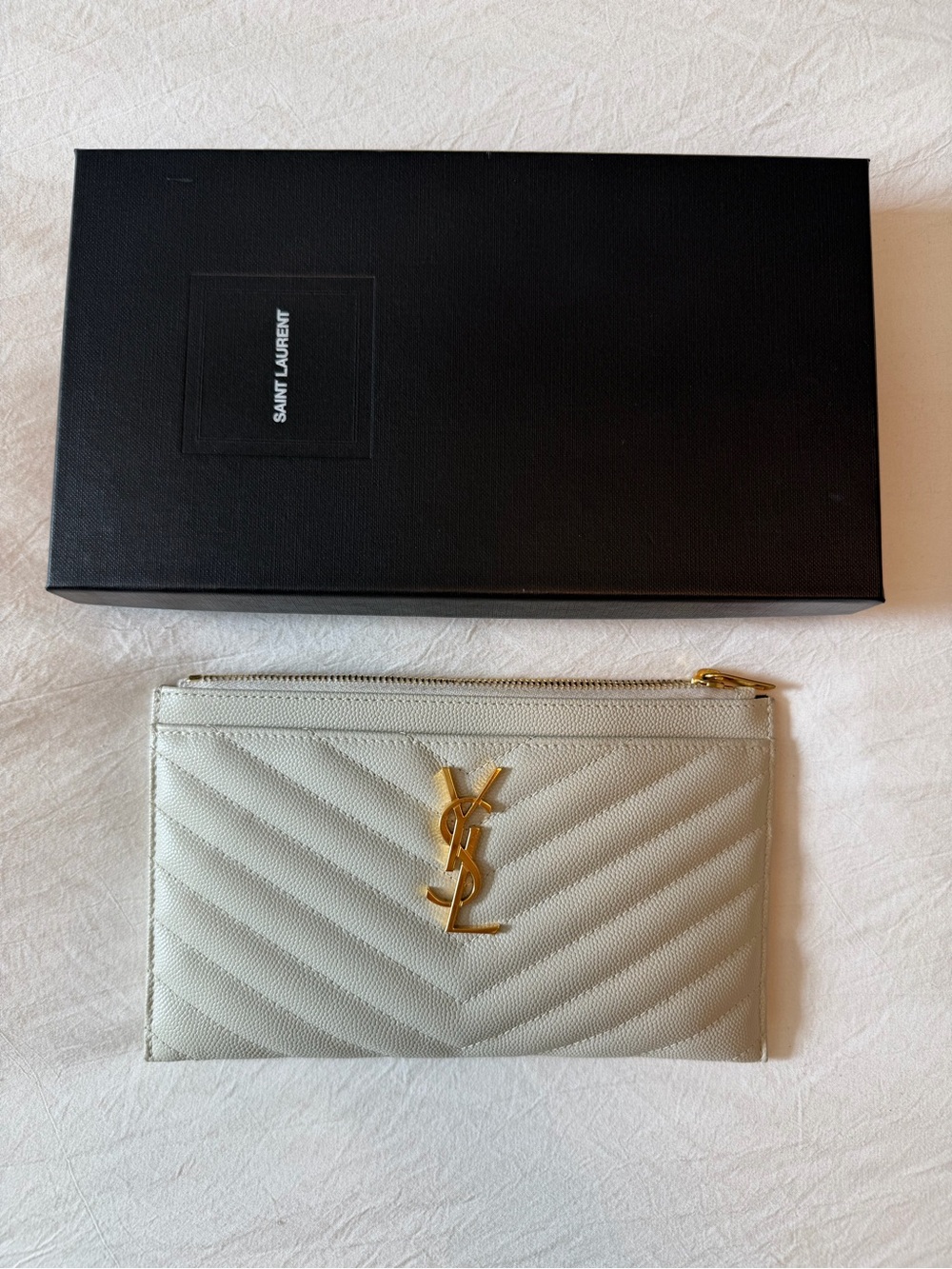 Saint Laurent Beige Quilted Large Leather Zip Wallet with Gold YSL Logo
